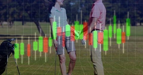 Elegant golfers overlayed with bullish stock candles in picturesque fairway