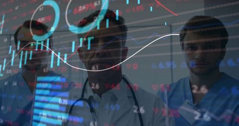 Medical team analyzing healthcare data overlay with charts and analytics dashboard