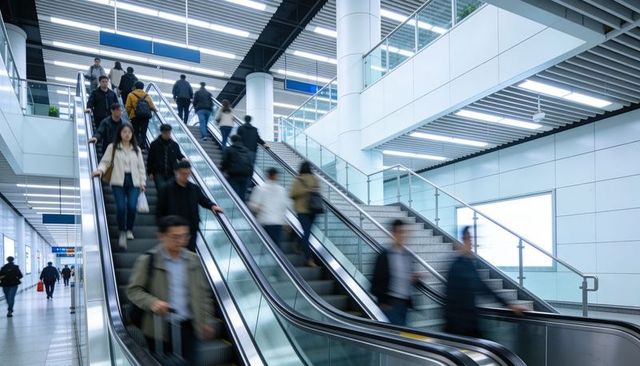 Commuters streaming up central escalators in modern glass transit hub concourse during rush