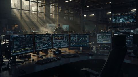 Advanced online trading office with multiple monitors and market analytics