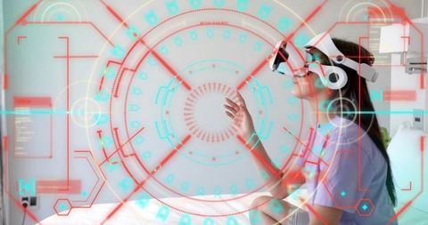 Woman reaching through immersive holographic hud wearing vr headset in minimalist bedroom