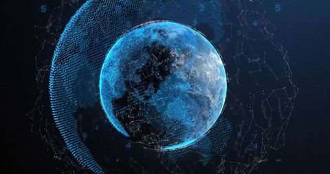 Rotating digital Earth globe with glowing network nodes, holographic data mesh overlays