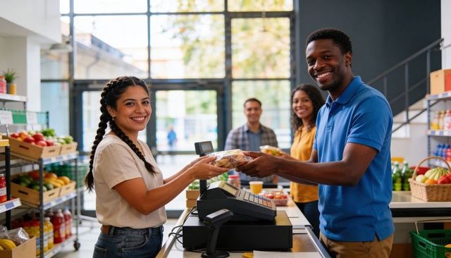 Smiling customer handing packaged pastry to cashier at checkout in bright grocery market
