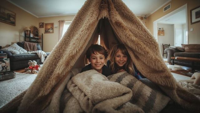 Two smiling children inside cozy blanket fort in living room cuddling under plush throws