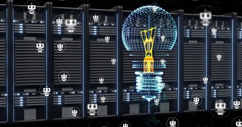 Futuristic ai concepts with lightbulb over server banks