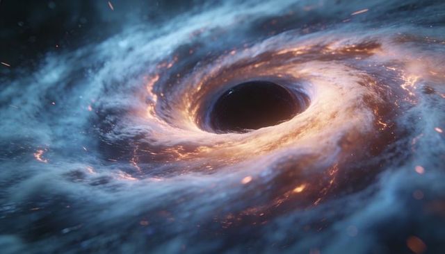 Spinning black hole accretion disk glowing plasma and embers in cosmic spiral vortex