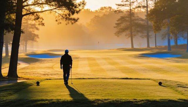 Golfer walking toward fairway at golden hour silhouette casting long shadow on tee box