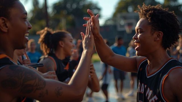 Outdoor basketball players high-fiving on court at sunset celebrating team spirit