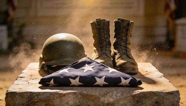 Folded us flag combat boots helmet on stone plinth sunlit military memorial tribute