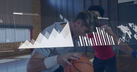 Basketball players training with digital performance analytics overlay