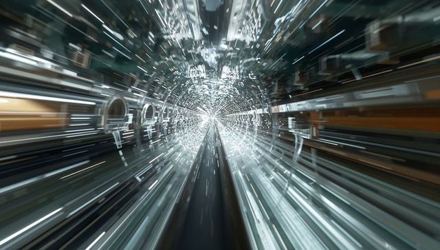 Racing neon tunnel with concentric led rings and motion blur toward vanishing point