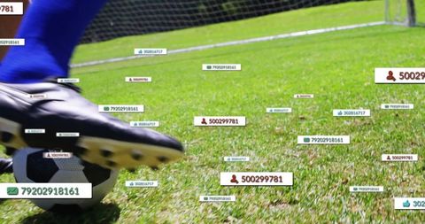 Soccer Athlete Kicking Ball with Futuristic Data Overlays