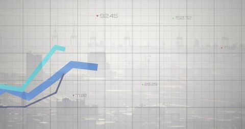 Rising financial trend lines over hazy city harbor grid with analytics labels