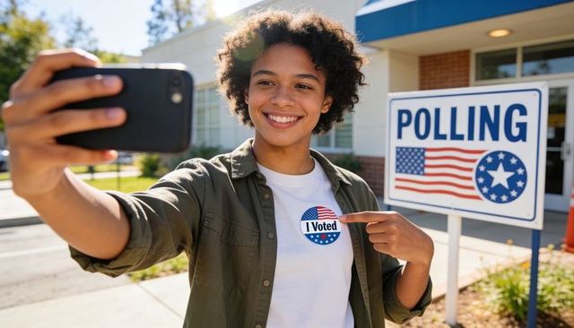 Youth voter taking selfie and pointing to i voted sticker outside polling location