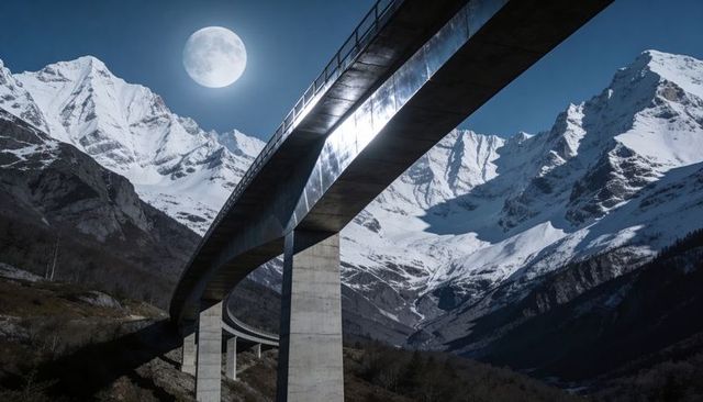 Moonlit curving concrete viaduct crossing snowy alpine valley with reflective guardrail