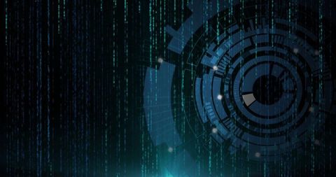 Futuristic cyber interface with glowing nodes and gear icon