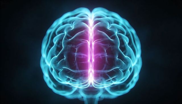 Glowing 3D brain showing neon cyan gyri and magenta midline, translucent neural anatomy visual