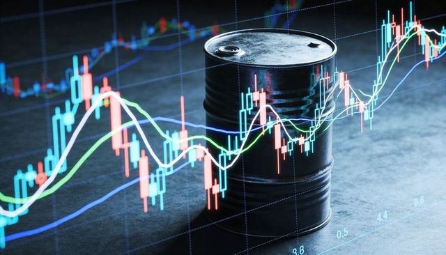 Black oil barrel with candlestick charts overlay representing crude oil market volatility