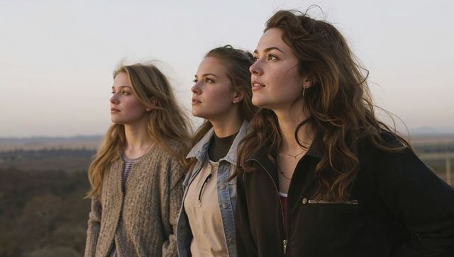 Three young women gazing at horizon during golden hour on countryside overlook at dusk