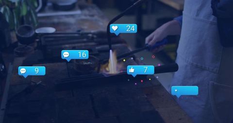 Professional chef cooking with social engagement overlay