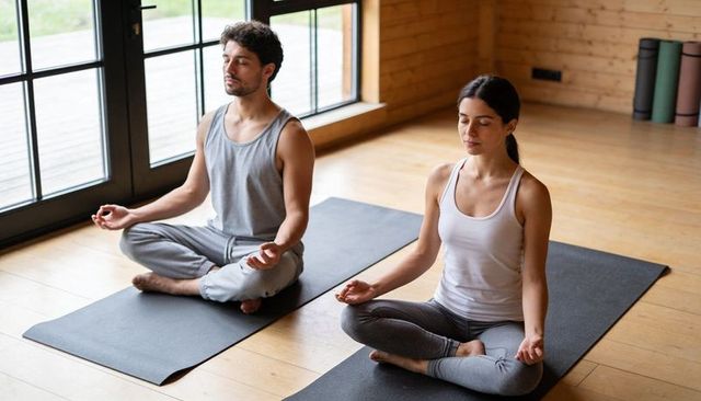Couple meditating on yoga mats in bright wooden studio for mindfulness, wellness and calm