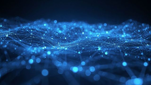 Glowing blue mesh network undulating over abstract digital data landscape