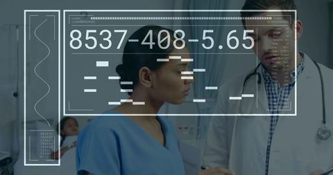 Nurse consulting doctor at pediatric bed showing digital health hud and clinical analytics