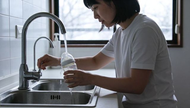 Young woman filling baby bottle at kitchen sink during morning routine