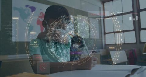 Schoolboy sneezing in classroom with digital covid-19 overlay