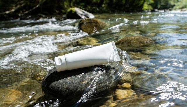 Blank white cosmetic tube resting on river rock in stream for natural skincare branding