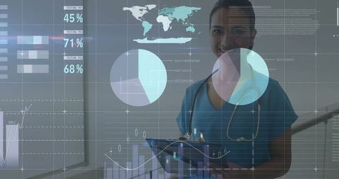 Clinician in blue scrubs analyzing clinical data on tablet with hud analytics