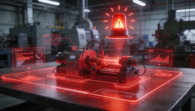 Smart cnc lathe with augmented reality diagnostics producing safety alert and metal sparks
