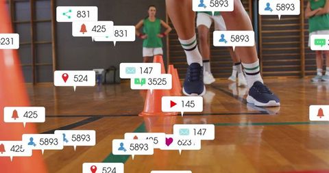 Athlete navigating agility drill with social media overlays