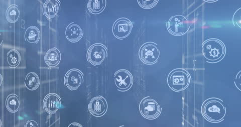 Abstract Digital Network with Floating Icons and Light Effects