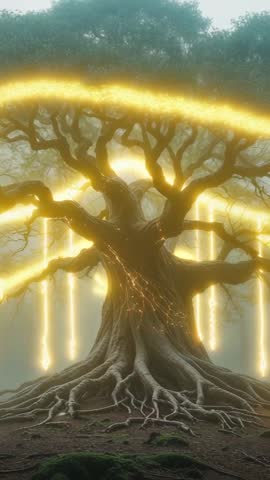 Ancient Tree Emitting Golden Shafts with Sweeping Luminescent Ring in Misty Forest