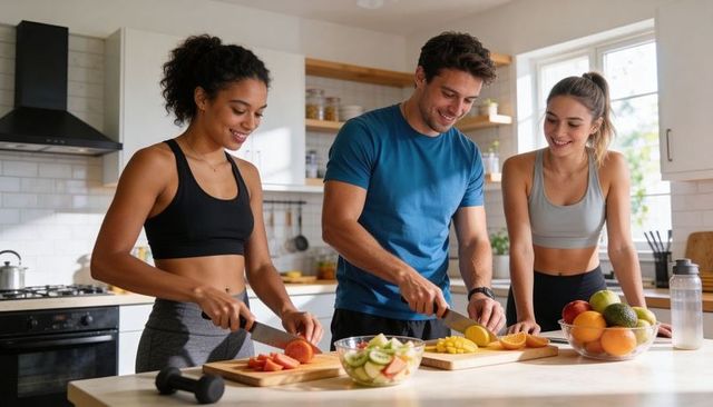 Preparing colorful fruit bowls for post-workout meal prep with fitness friends