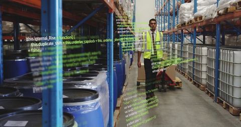 Warehouse worker operating pallet jack amongst coded overlays