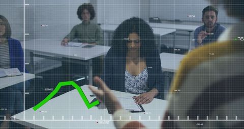 Business presentation with graph analysis and diverse audience