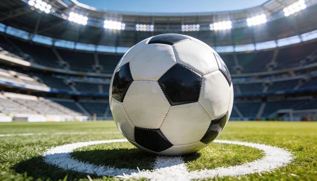 Close-up soccer ball resting on center circle, stadium floodlights glowing, green grass field