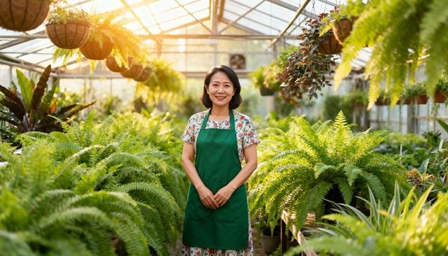 Smiling woman standing in sunlit greenhouse wearing green apron among lush ferns and hanging baskets