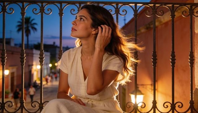 Woman sitting on wrought-iron balcony watching twilight over colonial street with lanterns