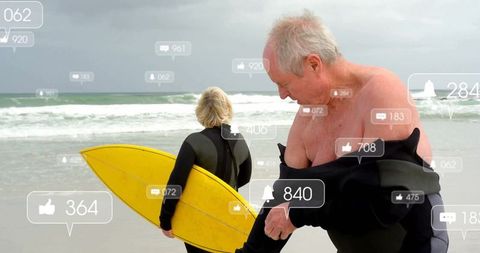 Senior couple surfing adventure with social media influence