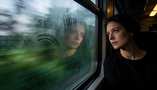 Gazing woman reflected on rain-streaked train window, pensive solitude during journey