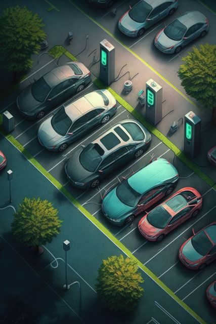 Multiple electric cars charging in charging stations, created using generative ai technology. Electric car and eco transport concept digitally generated image.