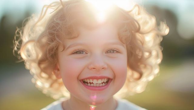 Joyful Child with Curly Hair Embracing Golden Sunlight Outdoors