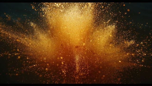 Explosive burst of golden powder shimmering in dark space