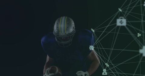 Helmeted football player holding ball with digital data network overlay and moody lighting