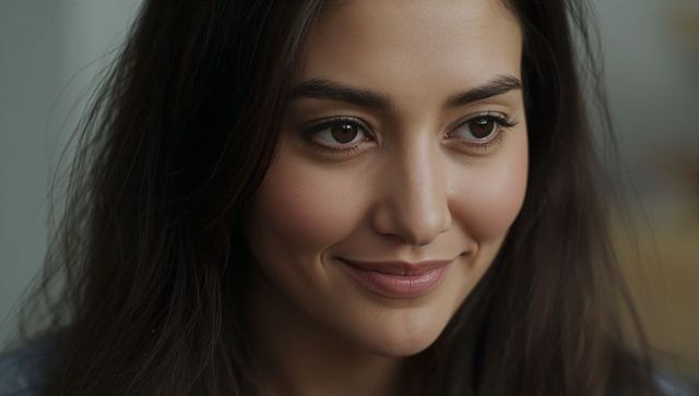Smiling young woman looking right in soft light close-up headshot with natural makeup