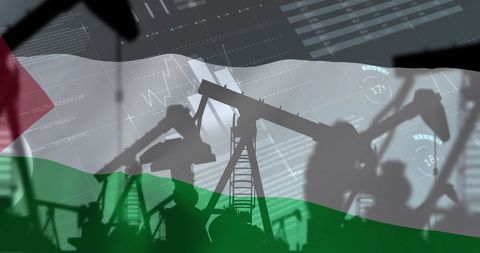 Oil rig silhouettes and financial data over palestinian flag