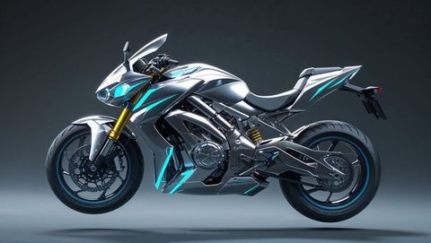 Futuristic silver motorcycle with neon blue lights in modern studio